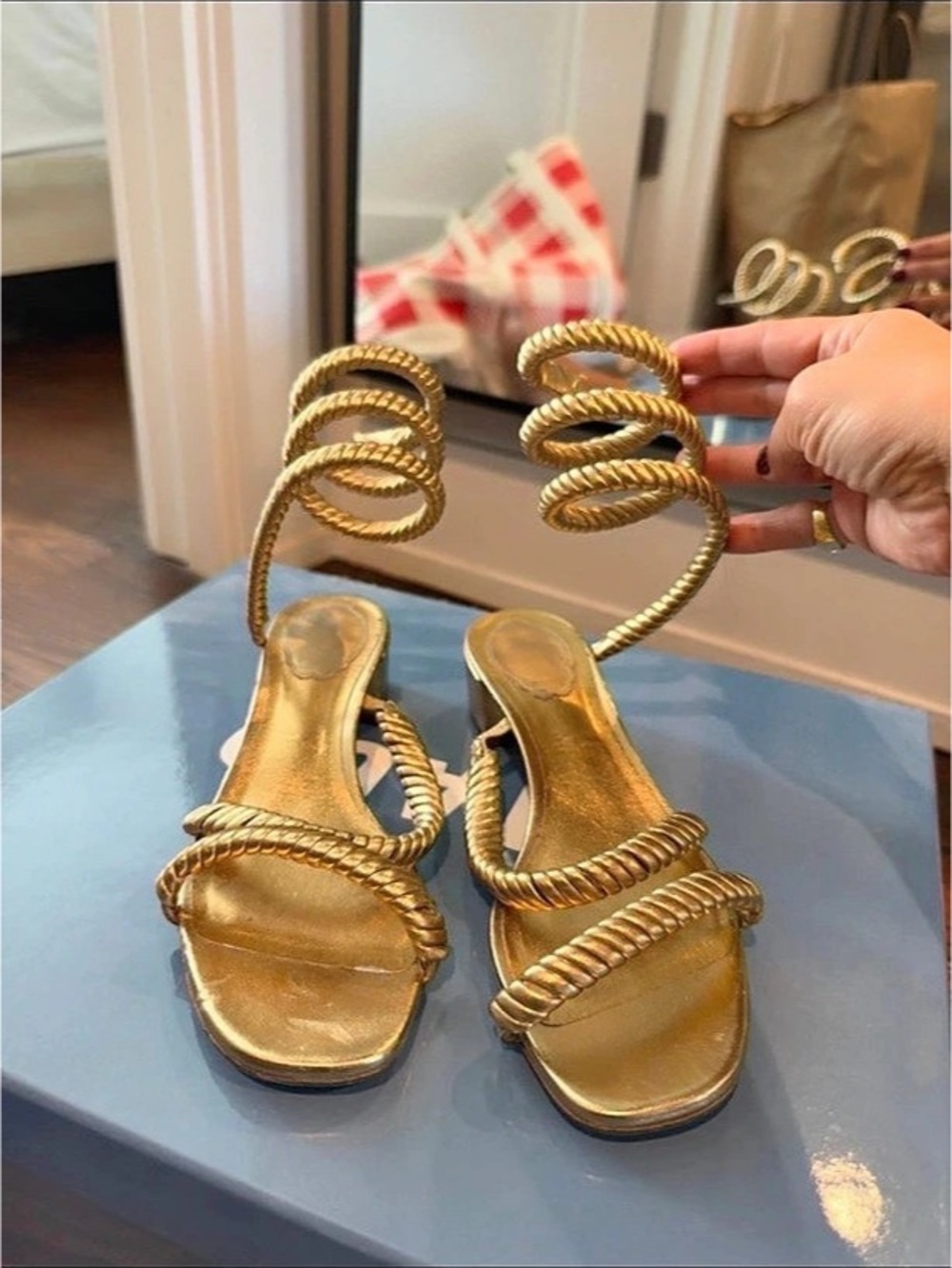 Rene Caovilla Gold Strappy block Heeled Sandals